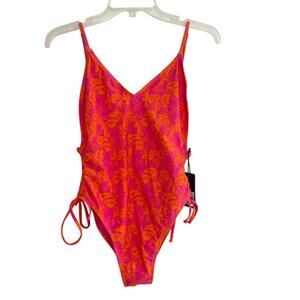 Ed Hardy‎ High Cut One Piece Swimsuit "Lady" Print Orange Pink Tie Size Large